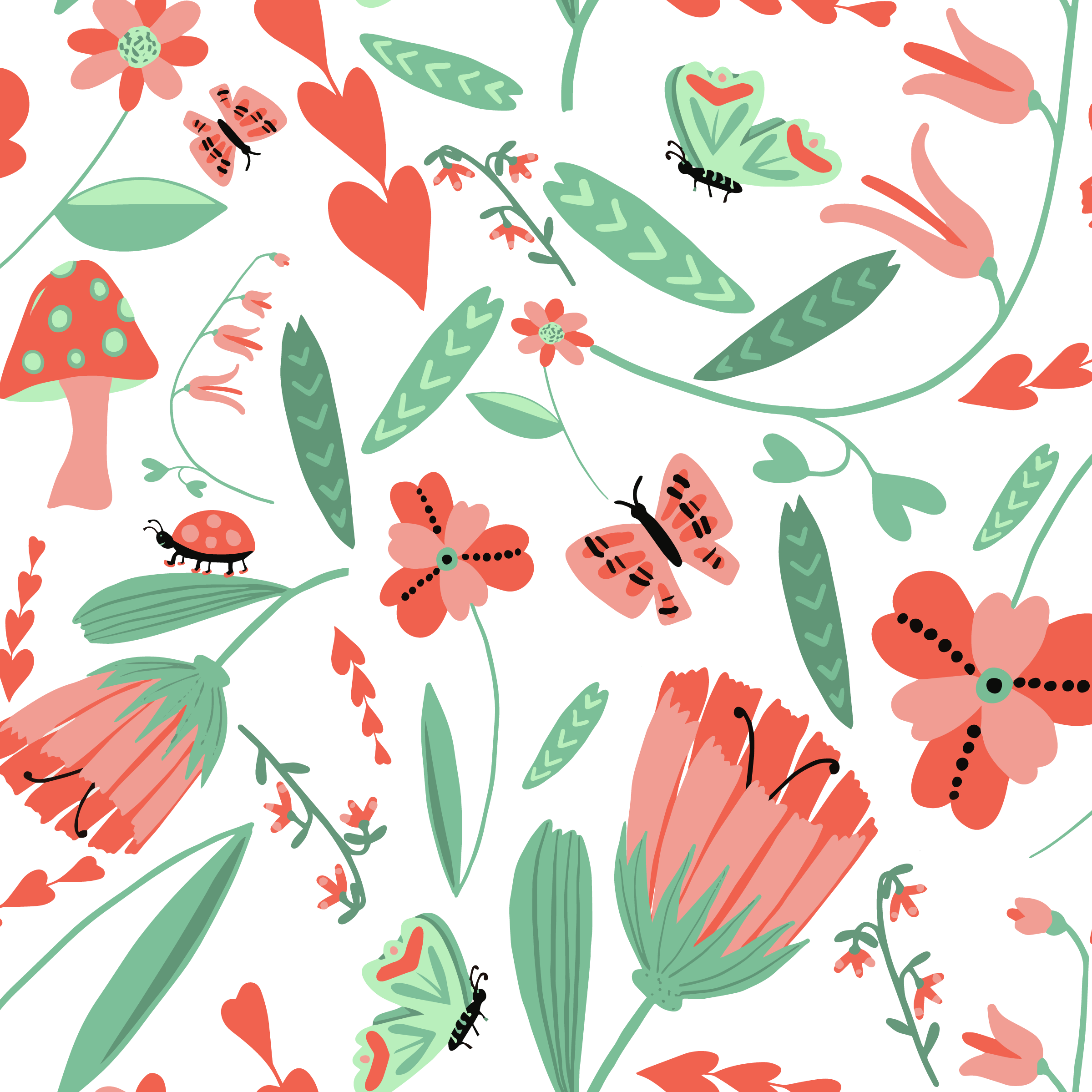 Lady Bugs Abode Red Peach and Jade Floral